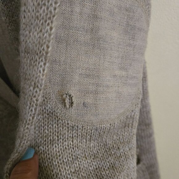 Club Monaco Neutral Wool Blend V Neck Elbow Patch Cardigan Sweater *Flaw Size S - Picture 7 of 7